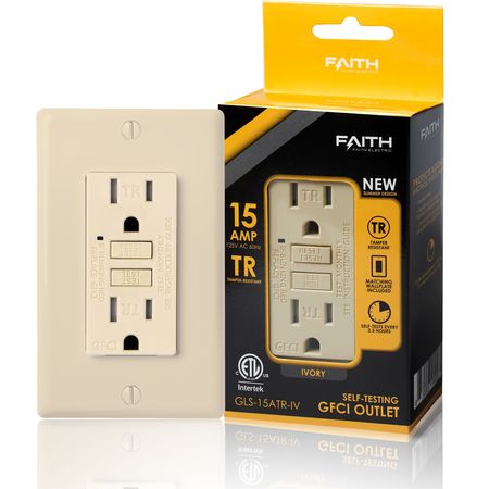 FAITH Self-Test 15A TR GFCI Outlet Receptacle with Wall Plate, Ivory GLS-15ATR-IV